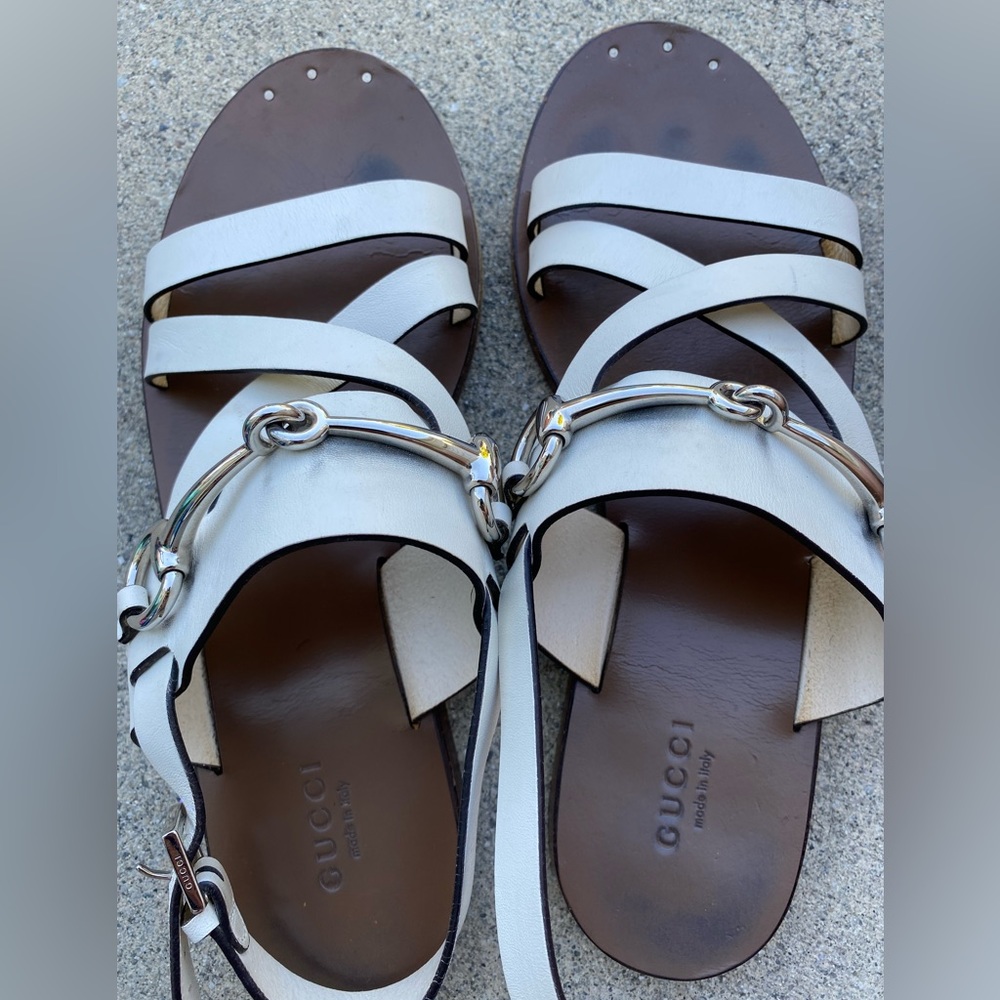 Gucci white strappy flat sandals. Good worn condition, see photos.